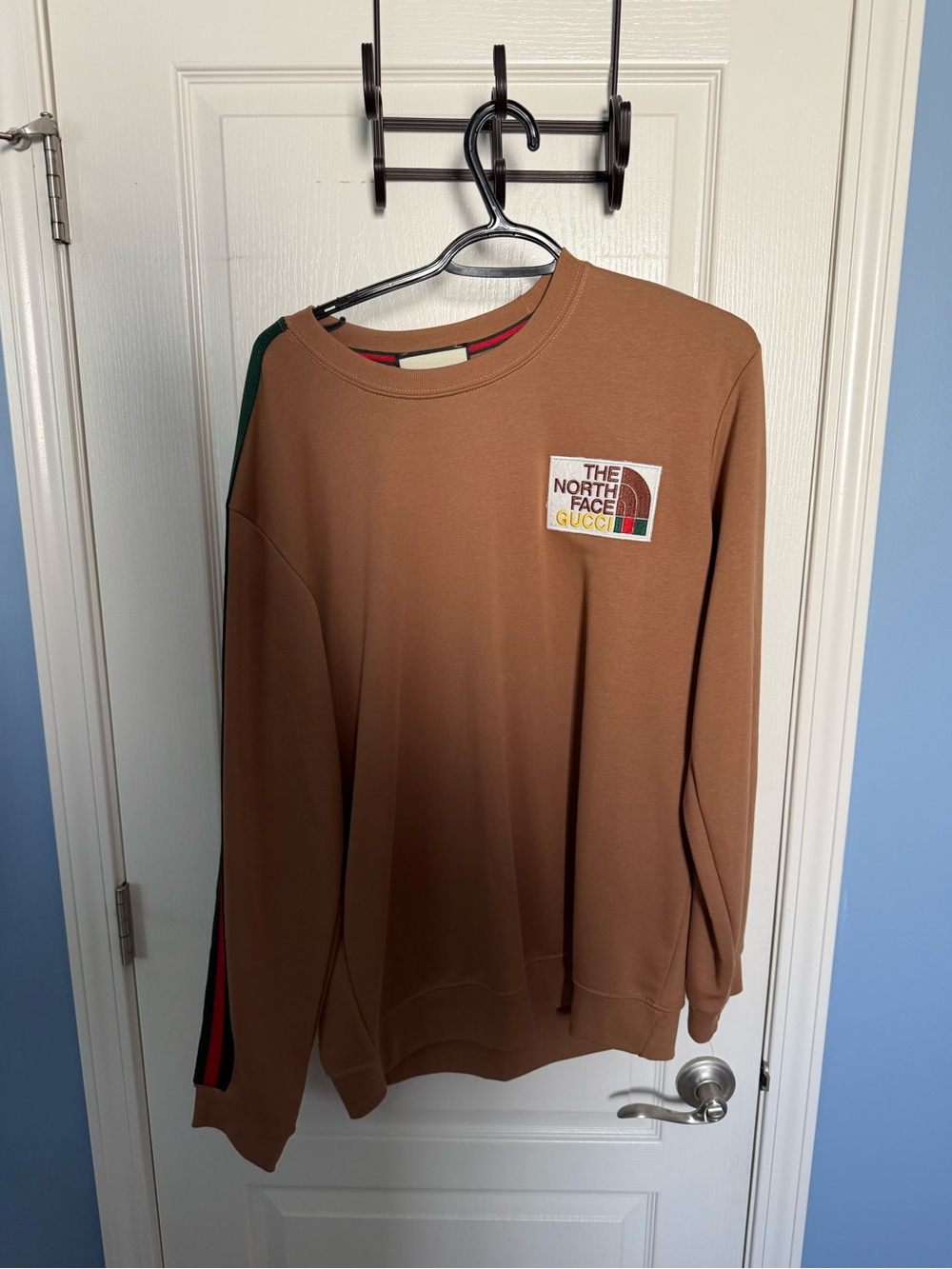 The North Face Brown Crewneck Sweater with Green and Red Stripe Detail
